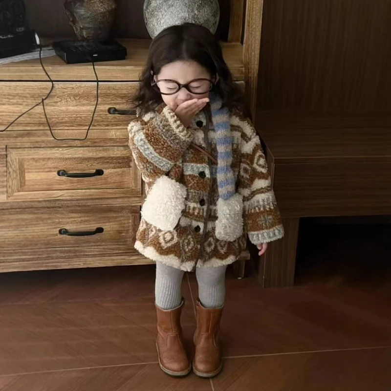 

Girls' Autumn and Winter Clothing 2025 New Style with Plush Thickened Color Blocked Jacquard Lamb Wool Medium Long Coat