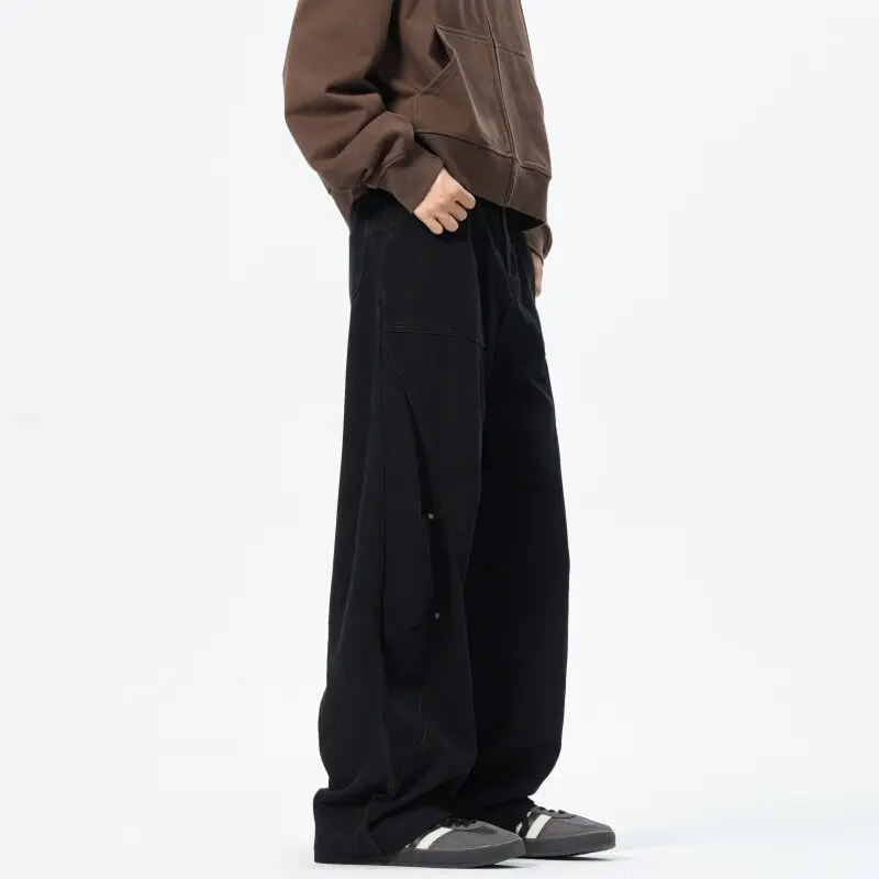 Patchwork style Men\'s Baggy Straight Jeans Personality unisex Fashion Korean High Street Denim Pants Streetwear Male Trousers