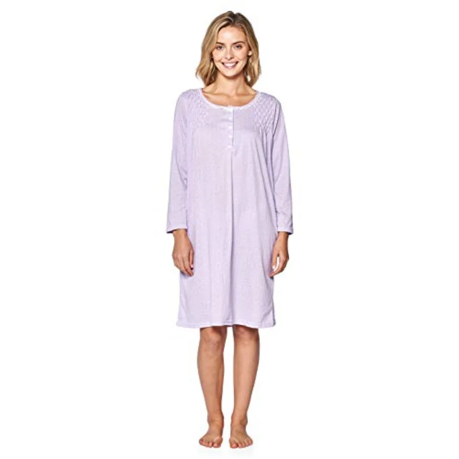 Women's Cotton Blend Long Sleeve Nightgown Henley Nightshirt