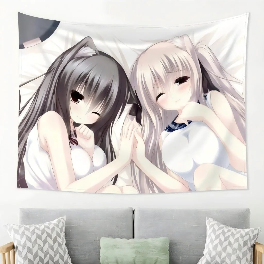 1pc Kawaii Nekomimi Anime Girl Tapestry, Black & White Cat Ears Duo Wall Hanging, Aesthetic Decor for Bedroom Dorm Room