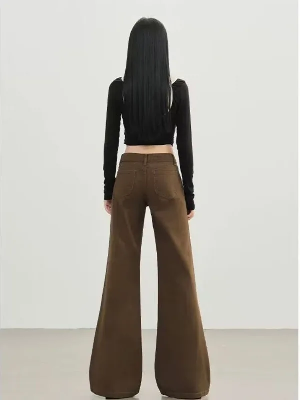 Jeans a Zampa Marrone per Donna, Autunno Inverno, Vita Bassa, Gamba Dritta, Stile Vintage con Chiusura a Zip, per Uso Quotidiano