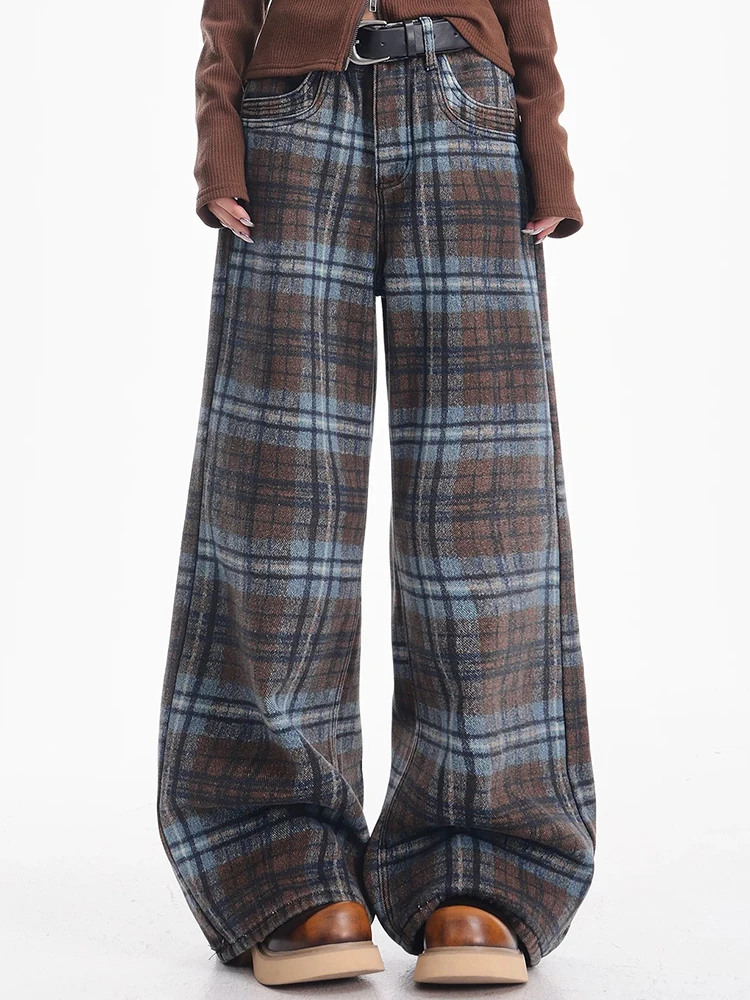 Y2K Blue Checkered Jeans Women Design Spring Autumn Loose Slim Wide Leg Floor Length Pants