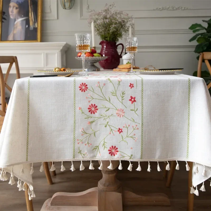 

Cotton Linen Embroidery Tablecloths Rectangle Dust Proof Table Cover, Embroidery flower Pattern Table Cloths,Party Decor