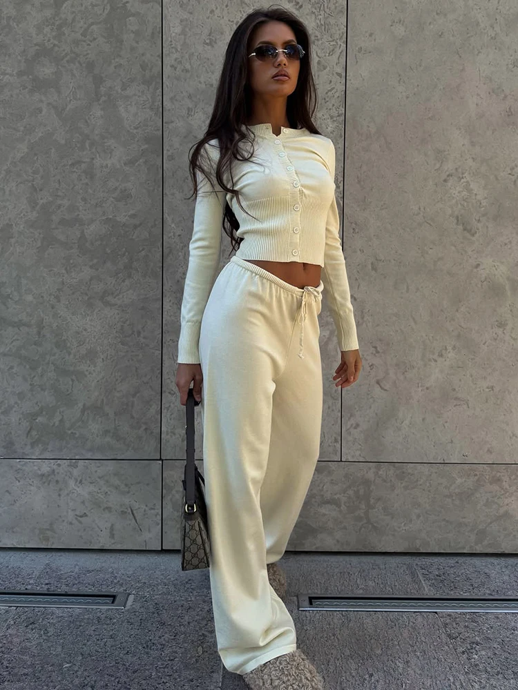 

Tuularose Women's Trousers 2 Piece Solid Knit Cardigan Straight Lace-upTrousers Set Vintage Streetwear Commuter Casual Pant Sets