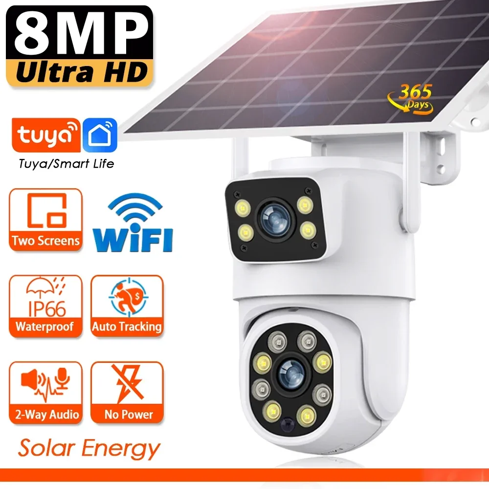 

Tuya Smart WiFi Solar Camera Dual Lens 8MP Wireless Outdoor Video Surveillance Battery Camera PTZ CCTV Two Screens PIR Detection