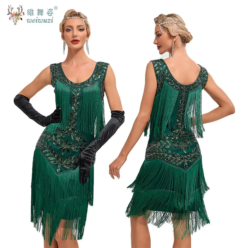 1920S 女性ヴィンテージウエディングドレスラウンドネックスパンコールビーズ刺繍タッセルタンクトップ大きいドレスセクシーなカクテルパーティー衣装