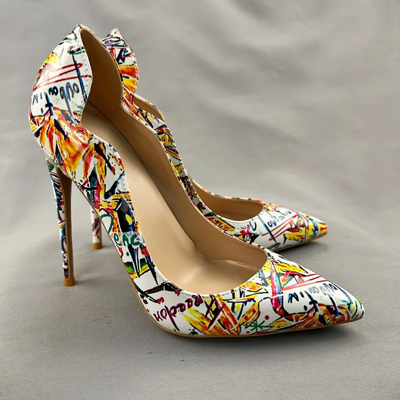 Sexy Multi Scrawl Drawing Printing High Heels Pumps Pointed Toe Shallow Cut 8/10/12cm Stiletto Heels Wedding Banquet Shoes