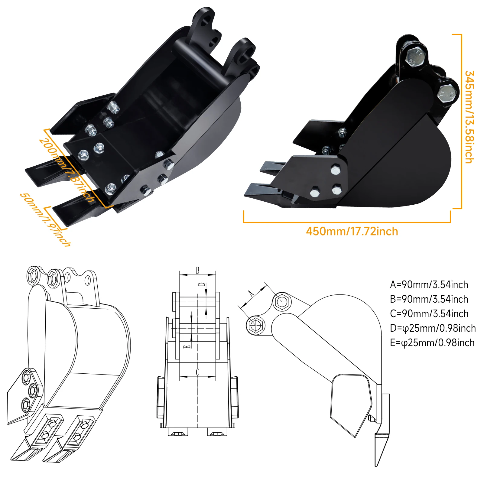 European Stock 200mm 7.9inch Narrow Bucket Attachment for Mini Excavators Small Digger Accessory