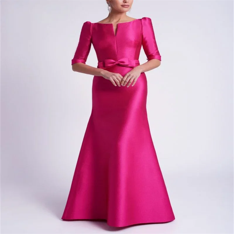 

Long Fuchsia Satin Mother of the Bride Dress with Sleeves Wedding Guest Dresses vestido madre del novio largo y elegante