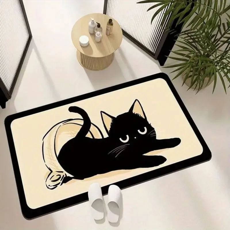 Cute Cartoon Black Cat Bath Mat Funny Lazy Cat Pattern Non Slip Absorbent Floor Rug Bathroom Kitchen Entry Home Decor Doormat