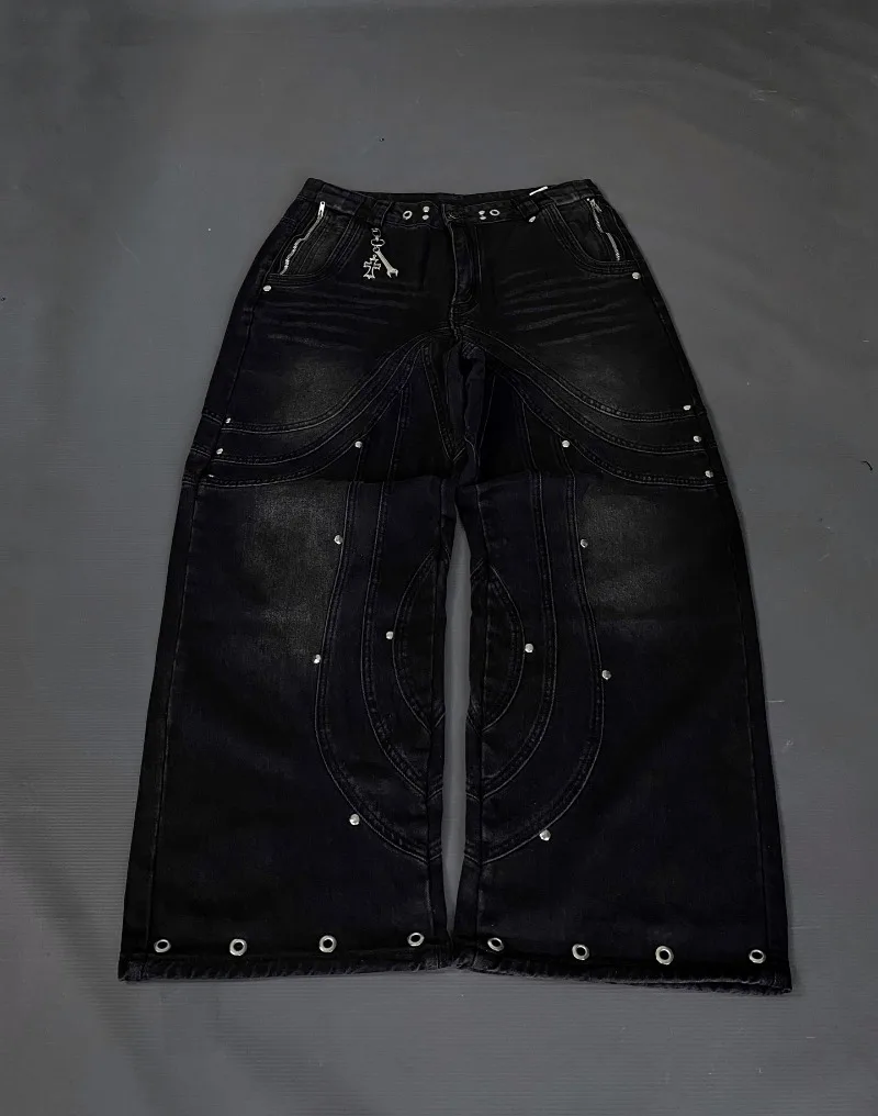 Vintage Popular New Fashion Black Old Baggy Jeans Women Y2K Rock Hip Hop Dark C…