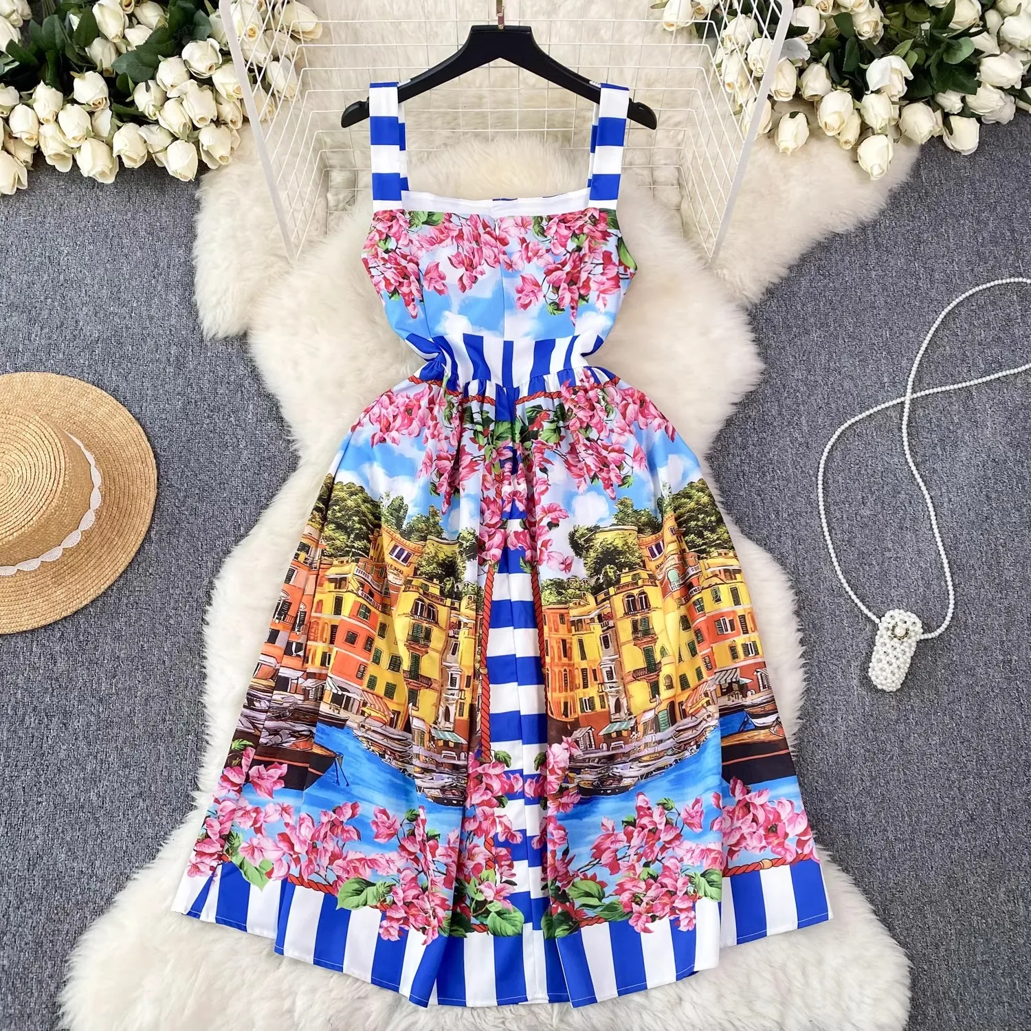 Vestido Holaiday de pasarela para mujer, Vintage, tirantes finos, botones, estampado de flores, Sexy, Espalda descubierta, Delgado, cintura alta, otoño