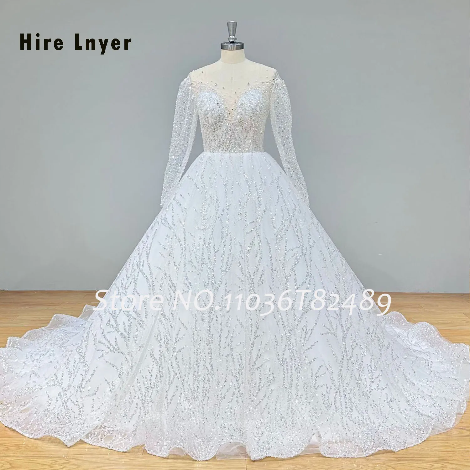 Hire Lnyer Long Sleeve Pearls Up Back All Over Sparkly Beads Pearls Crystal Shiny Ball Gown Wedding Dress Real Office Photos