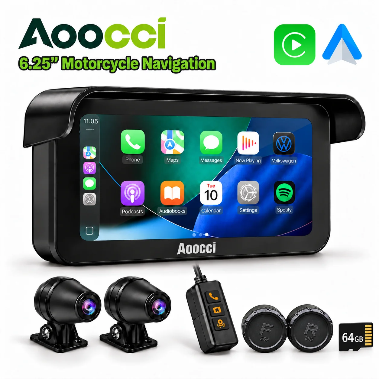 Aoocci C6PRO Motorcycle GPS Carplay 6.25in Wireless CarPlay&Android Auto,GPS Navigation , Dual Bluetooth, DVR Dash Cam, TPMS