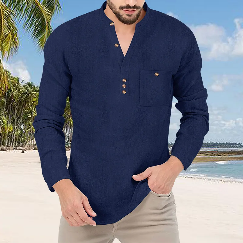 Men's Cotton Linen Long Sleeve Henley Shirt Stand Collar Button Placket Chest Pocket Casual Breathable Daily Vacation Work Shirt