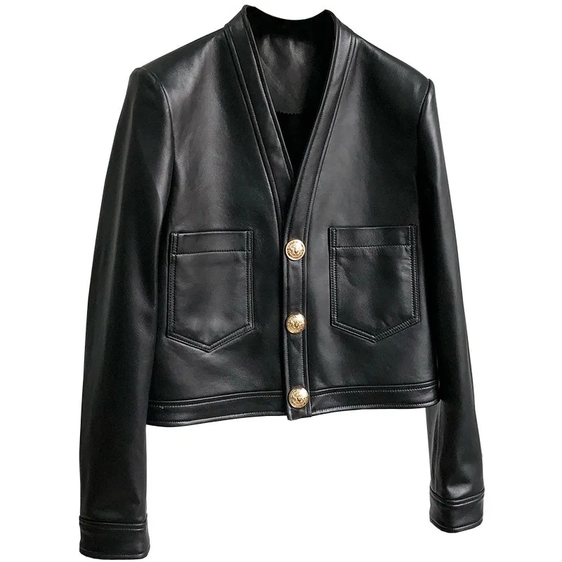 

2023New autumn and winter Fashion new slim fitting top,Genuine leather sheepskin jacket for women's casual V-neck short jacket