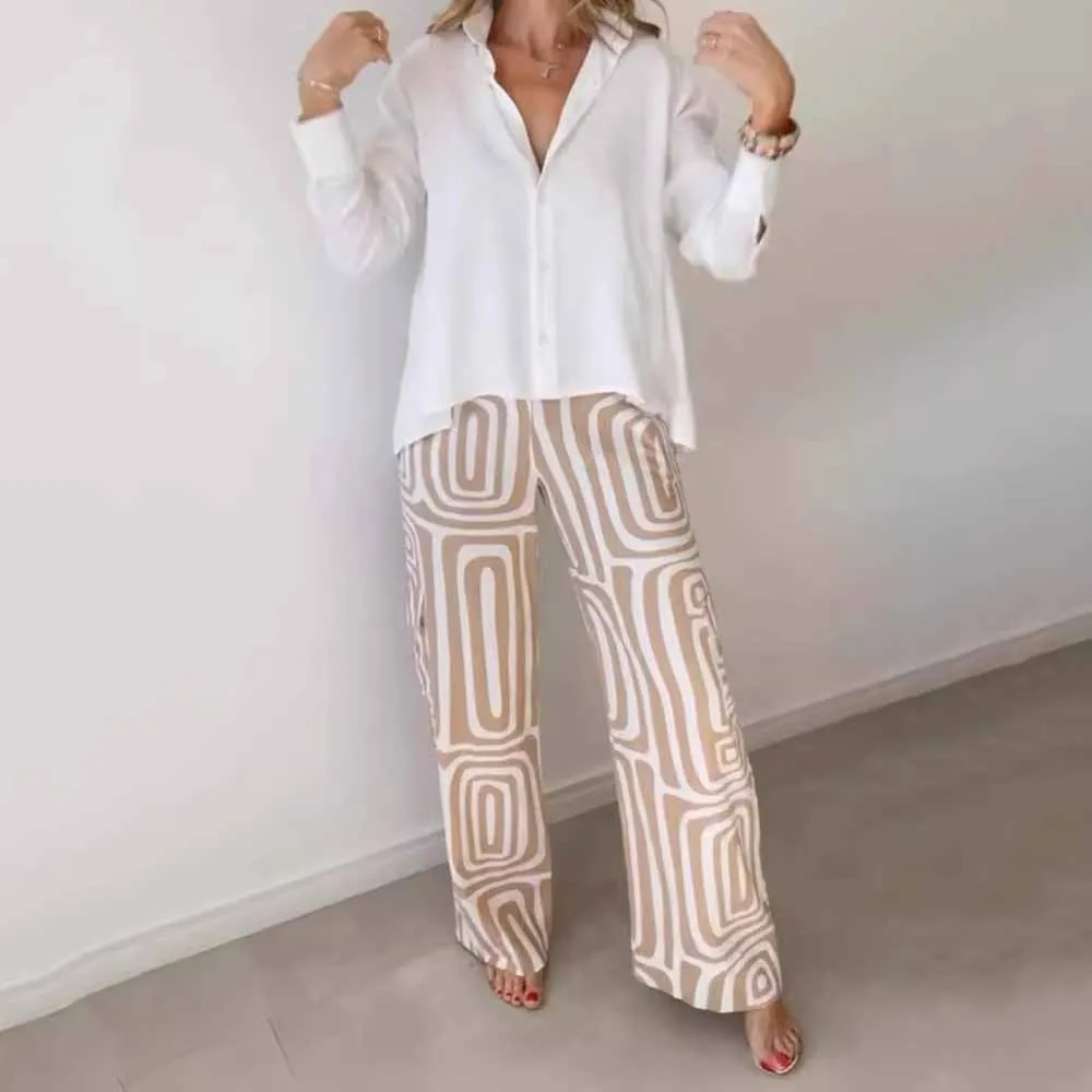 Women Print Two Piece Pant Sets Wide Leg Pants Office Blouse White Shirts Tops 2 Piece Set Office Loose Outfits With Belt