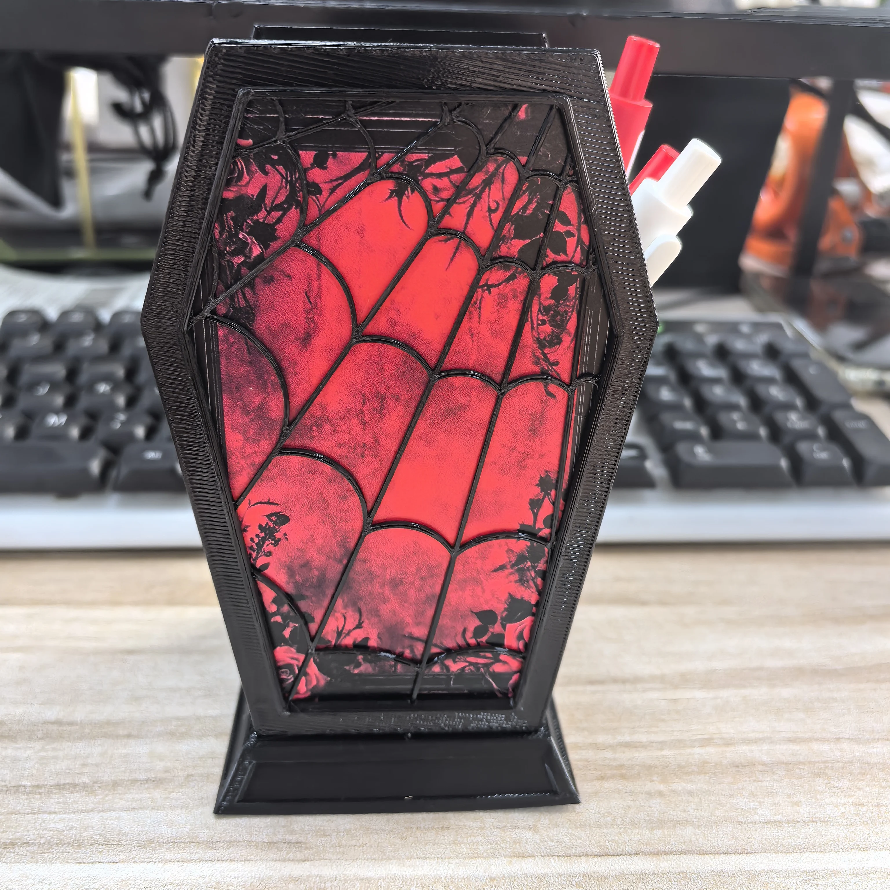 Gothic Coffin Pen Holder Red Black Rose Spider Web Print Desktop Organizer, Dark Academia Stationery Storage Box for Pens Brushe