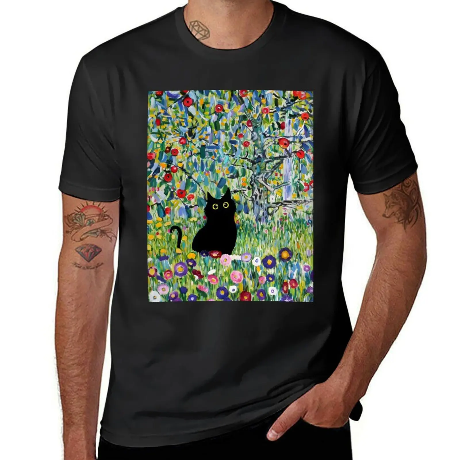 Gustav Klimt Garden Cat Apple Tree T-Shirt anime clothes tops T-shirts for men cotton