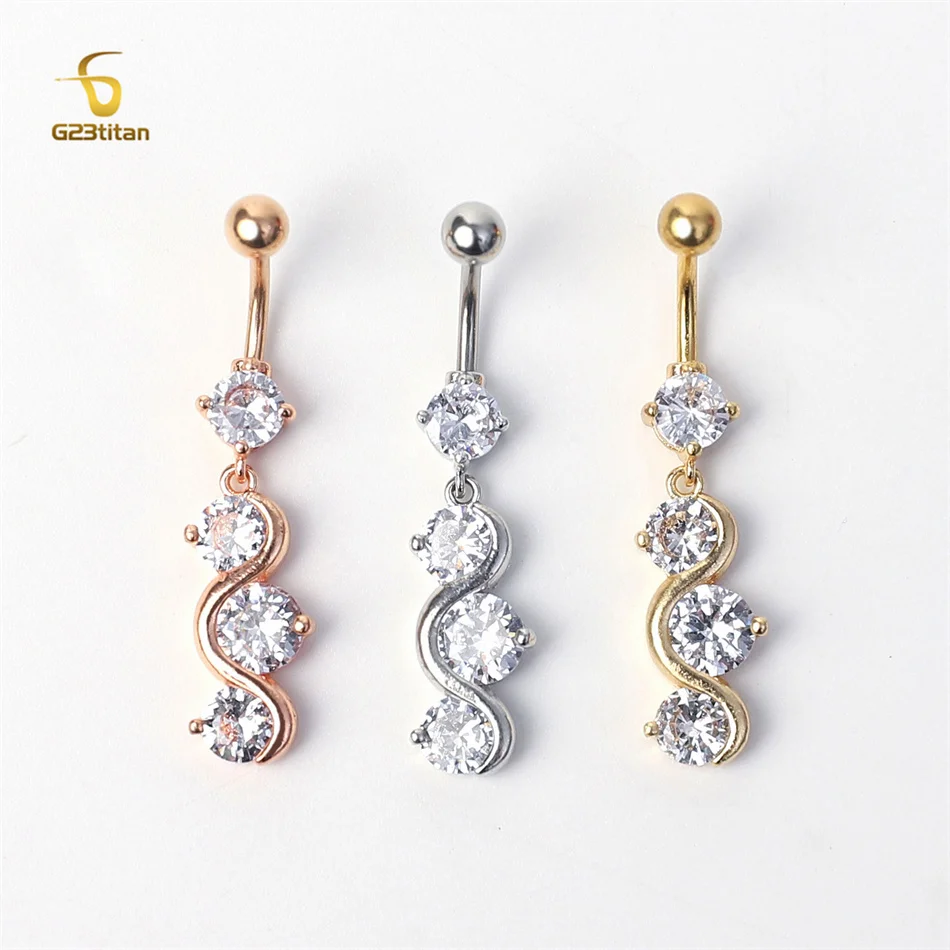 G23titan CZ Zircon Long Dangle Belly Piercing Ring 14G Titanium or Steel Navel Bar Sexy Women Body Jewelry Summer Accessories