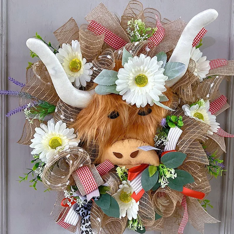 

Artificial Wreath Highland Cow Silk Flower Wreath Home Front Door Decoration Realistic Garland Christmas Window Hanging Ornament