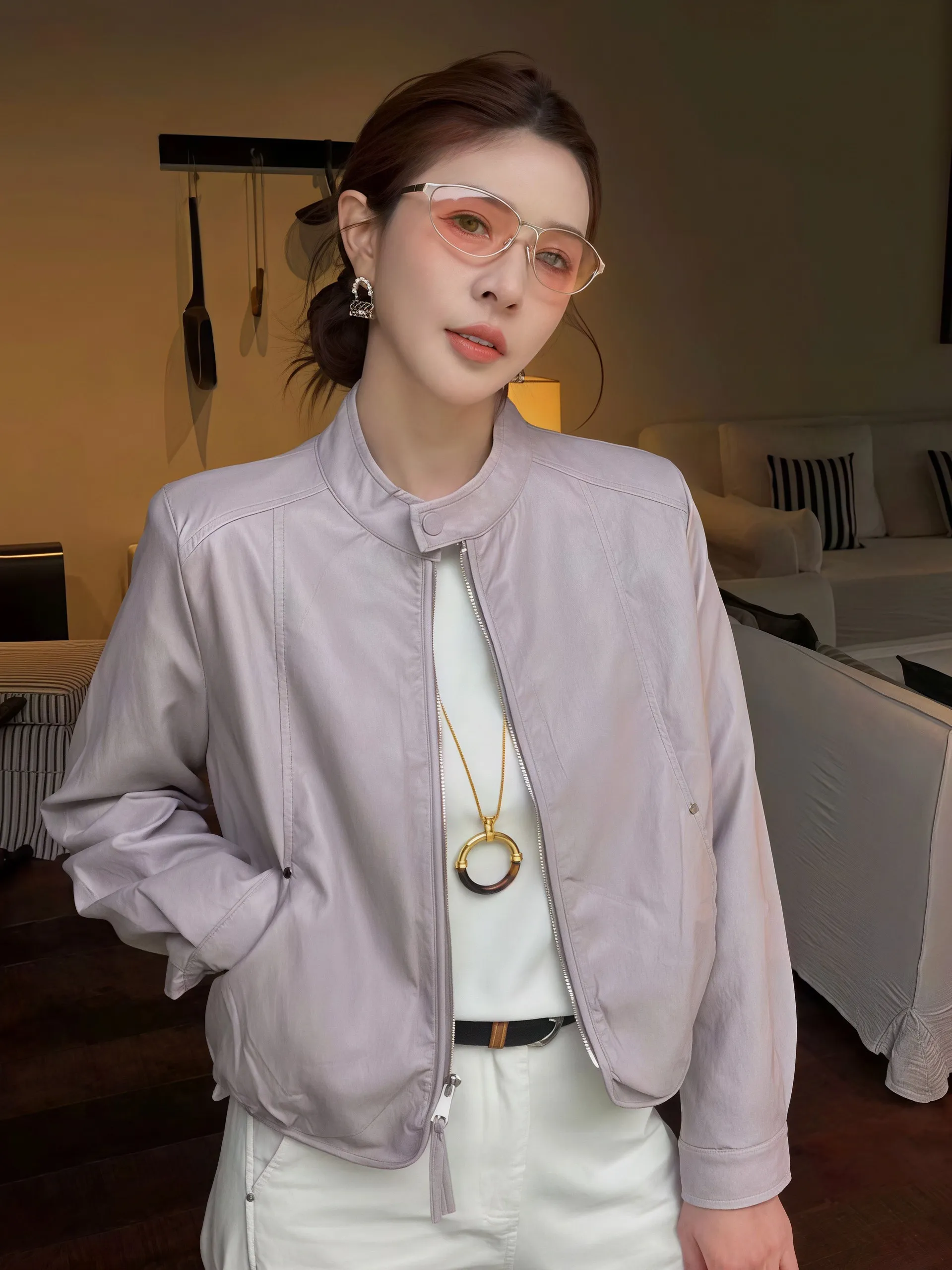 

Soft Purple Short Leather Jacket Women's Korean Style Slimming Stand Collar Spring 2026 New Arrival Small Size PU Leather Coat