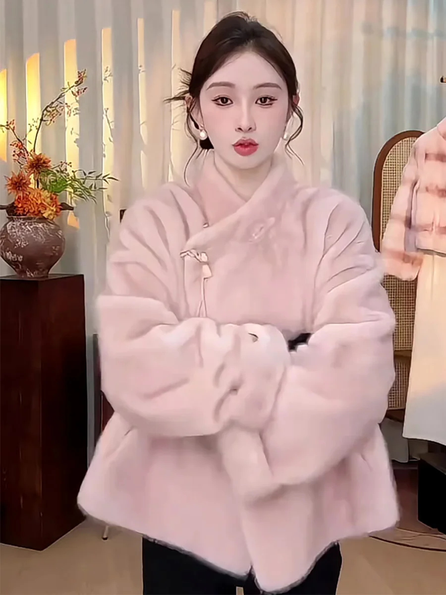 เสื้อโค้ทขนสัตว์สีชมพูอ่อนสไตล์จีนใหม่สำหรับผู้หญิง แฟชั่นฤดูหนาว อเนกประสงค์ แขนยาว อุ่นสบาย เหมาะสำหรับใช้ในชีวิตประจำวัน