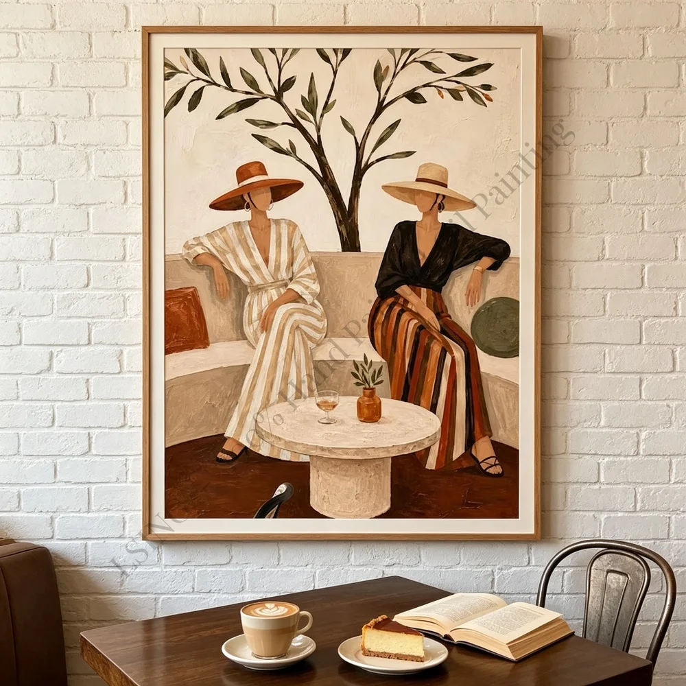 100% Hand Painted Oil Painting Canvas Wall Art Fashion Women Afternoon Tea Brown Luxury Textured Home Decor Living Room Art