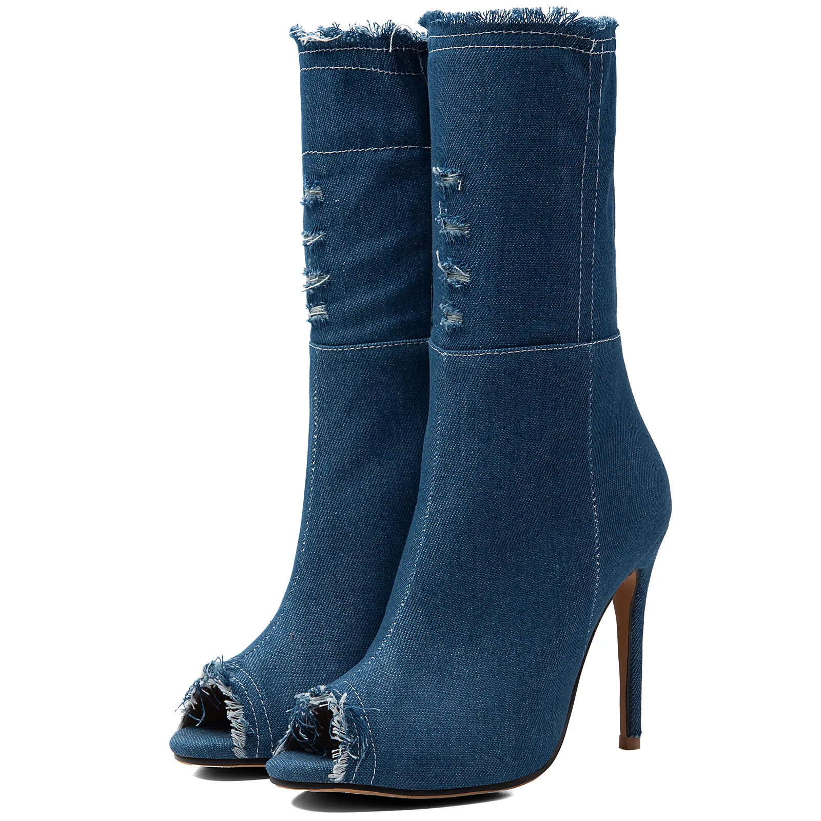Women Distressed Frayed Ripped Denim Mid‑Calf Boots Peep Toe Stiletto High Heels Vintage Y2K Cowgirl Club Party Photoshoot Shoes