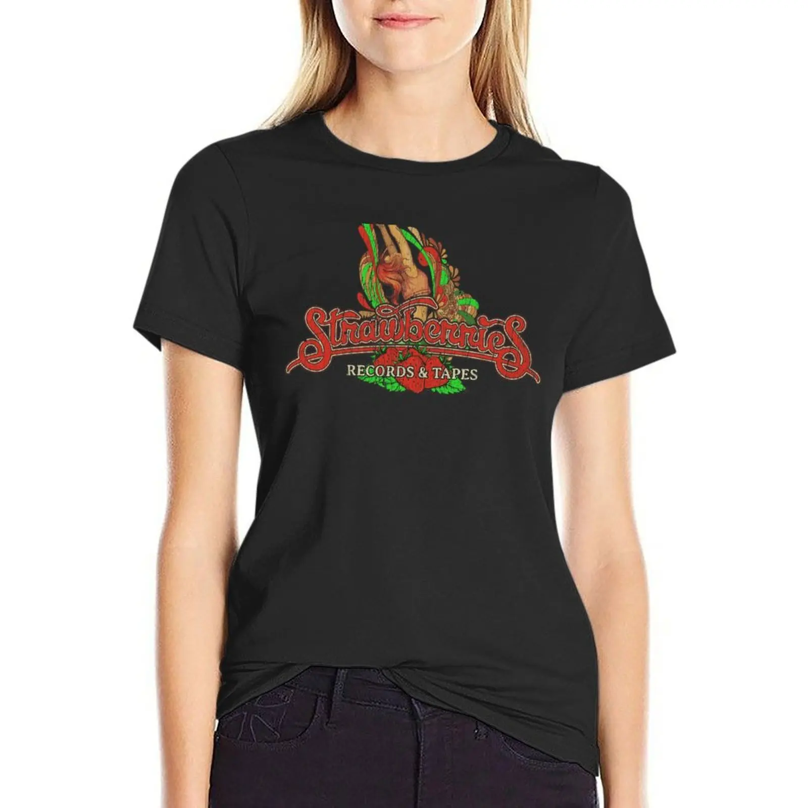 Strawberries Records & Tapes T-Shirt funny cute tops Female clothing Women's tops