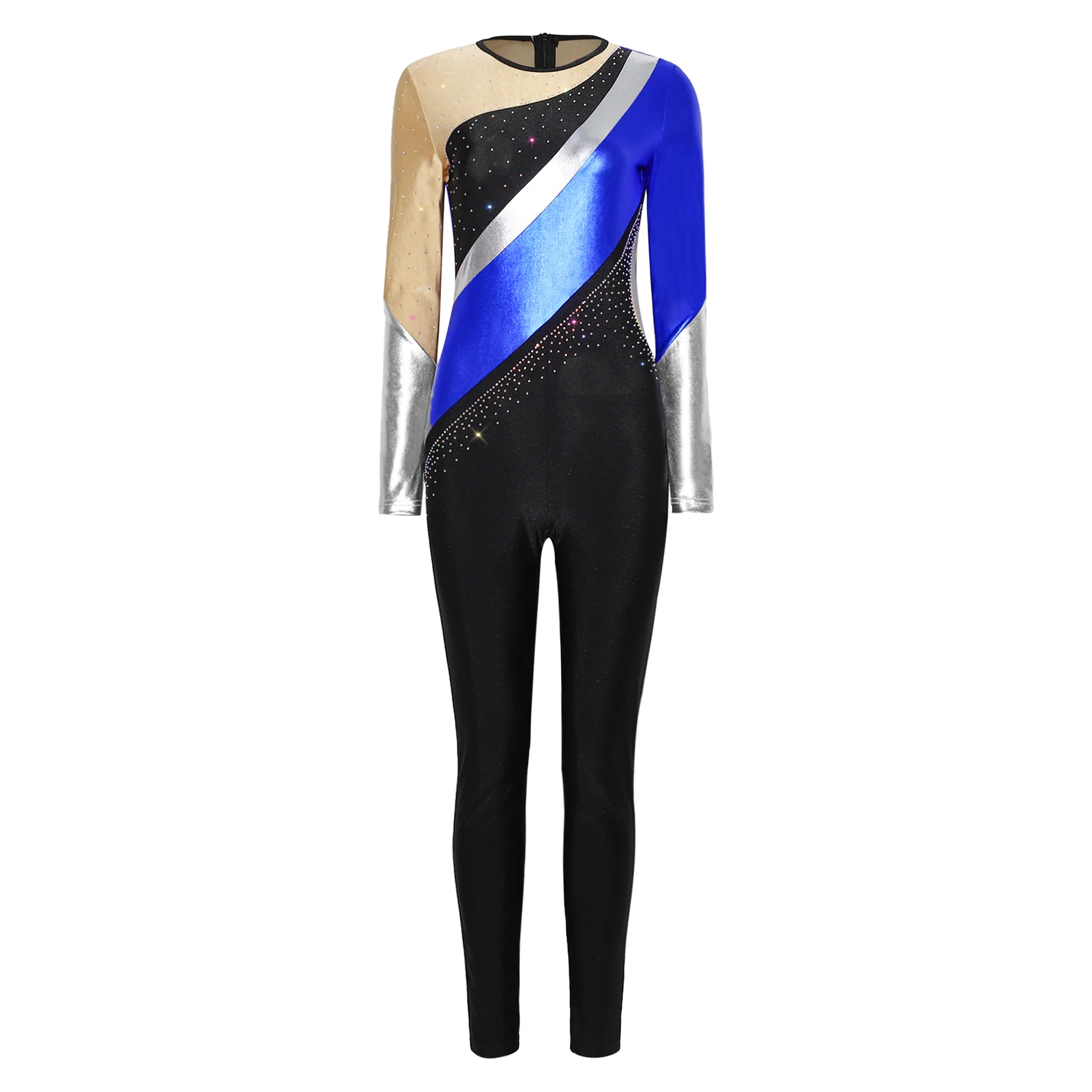 

Womens Gymnastics Unitard Metallic Shiny Color Blocking with Rhinestones Long Sleeve Long Pants Back Zipper Ballet Jumpsuit