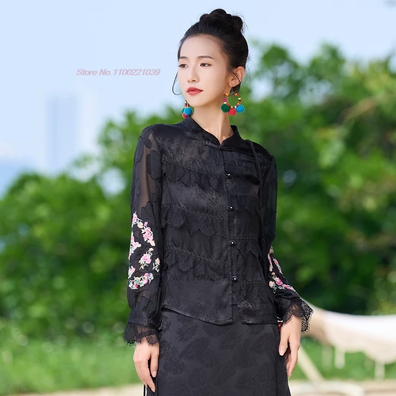 

2024 chinese vintage hanfu tops traditional flower embroidery tang suit satin jacquard chiffon blouse oriental sunscreen shirt