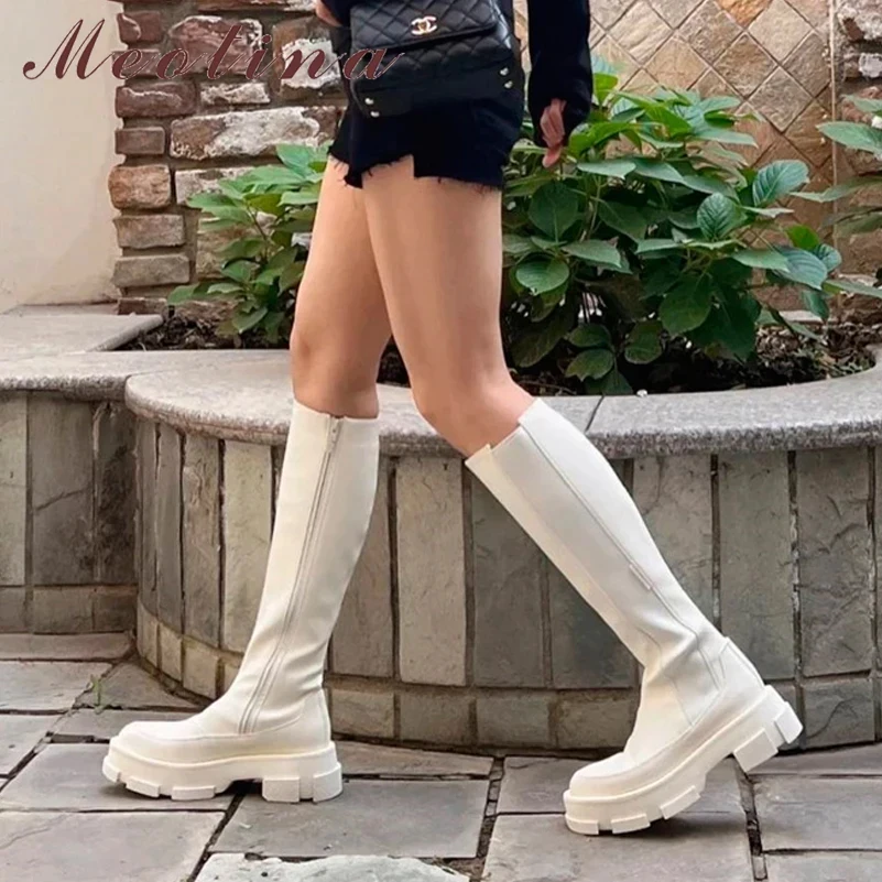 Meotina Ins Designer Women Knee high Boots Genuine Leather Riding Boots Platform Chunky High Heel Long Boots Autumn Winter 2022