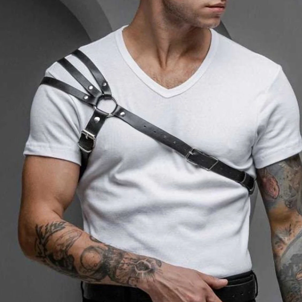 One Shoulder Men\'s Harness PU Leather Gay Men Chest Harness Bondage Black Leather Men Accessories Upper Erotic Body Men Harness