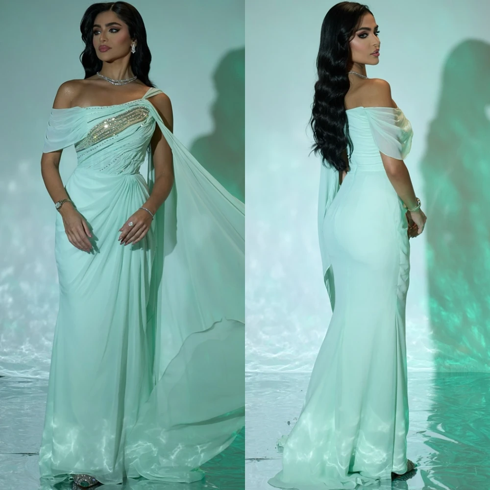 

Customized Elegant Green Chiffon Evening Dress Sexy Off the Shoulder Short Sleeves Prom Dress Soft Mermaid Sequined Party Dress
