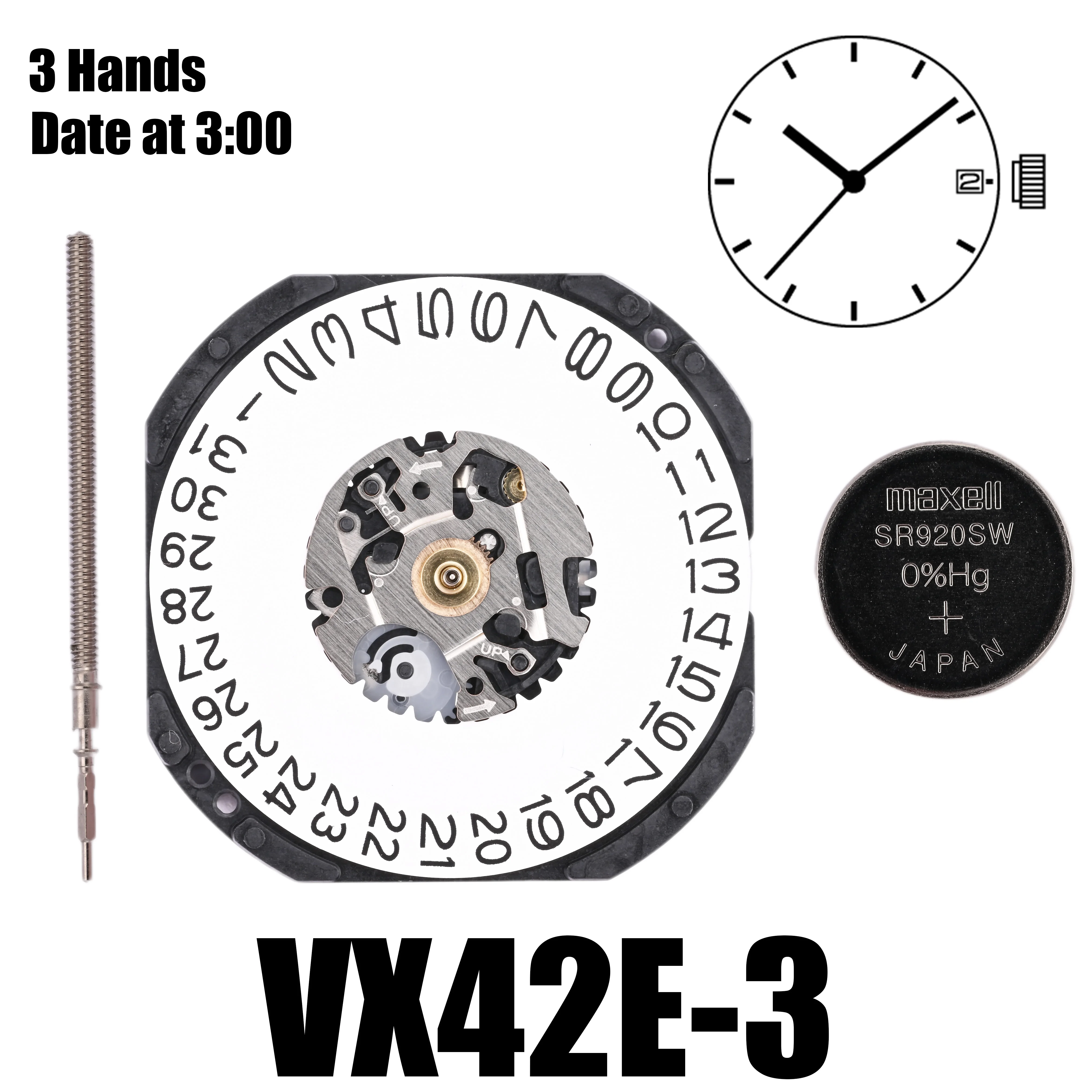 

VX42 Movement VX42E Movement 3 Hands Date at 3:00/6:00 Size : 11 1/2''' Height: 2.62mm Battery Life: 3 years