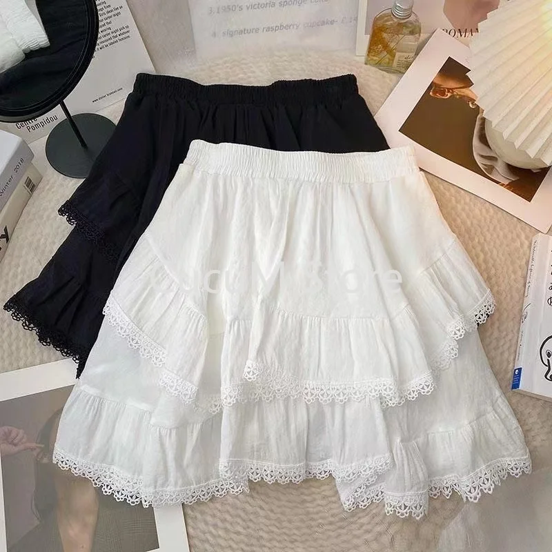 Irregular Ruffle Kawaii Mini Summer Skirts Women Faldas Mujer De Moda Patchwork Lace Jupe Korean Saia Fashion Sweet White Skirt