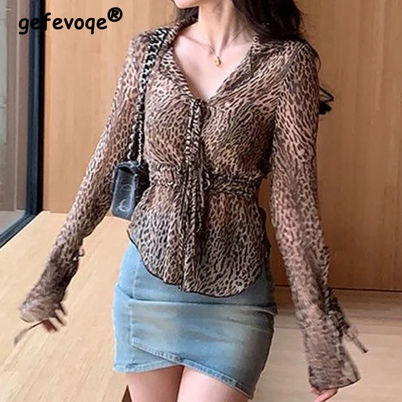 

Женская стильная винтажная блузка на шнуровке с леопардовым принтом, корейская сексуальная тонкая шифоновая рубашка с v-образным вырезом, весна-лето, облегающие топы с длинными рукавами