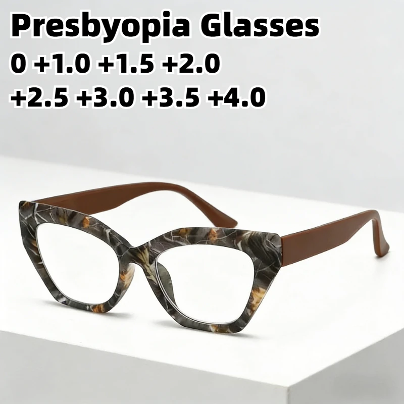 Neue modische Cat-Eye-Presbyopie-Brille mit Blumenmuster, hochauflösende Anti-Blaulicht-Lesebrille mit gefederten Bügeln