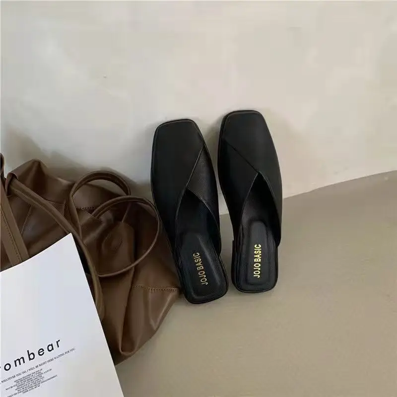 Mules Shoes Women Designer Summer New 2024 Ladies Slippers and Sandals Leather Fashion Mirror Luxury Home Indoor House Low Flat