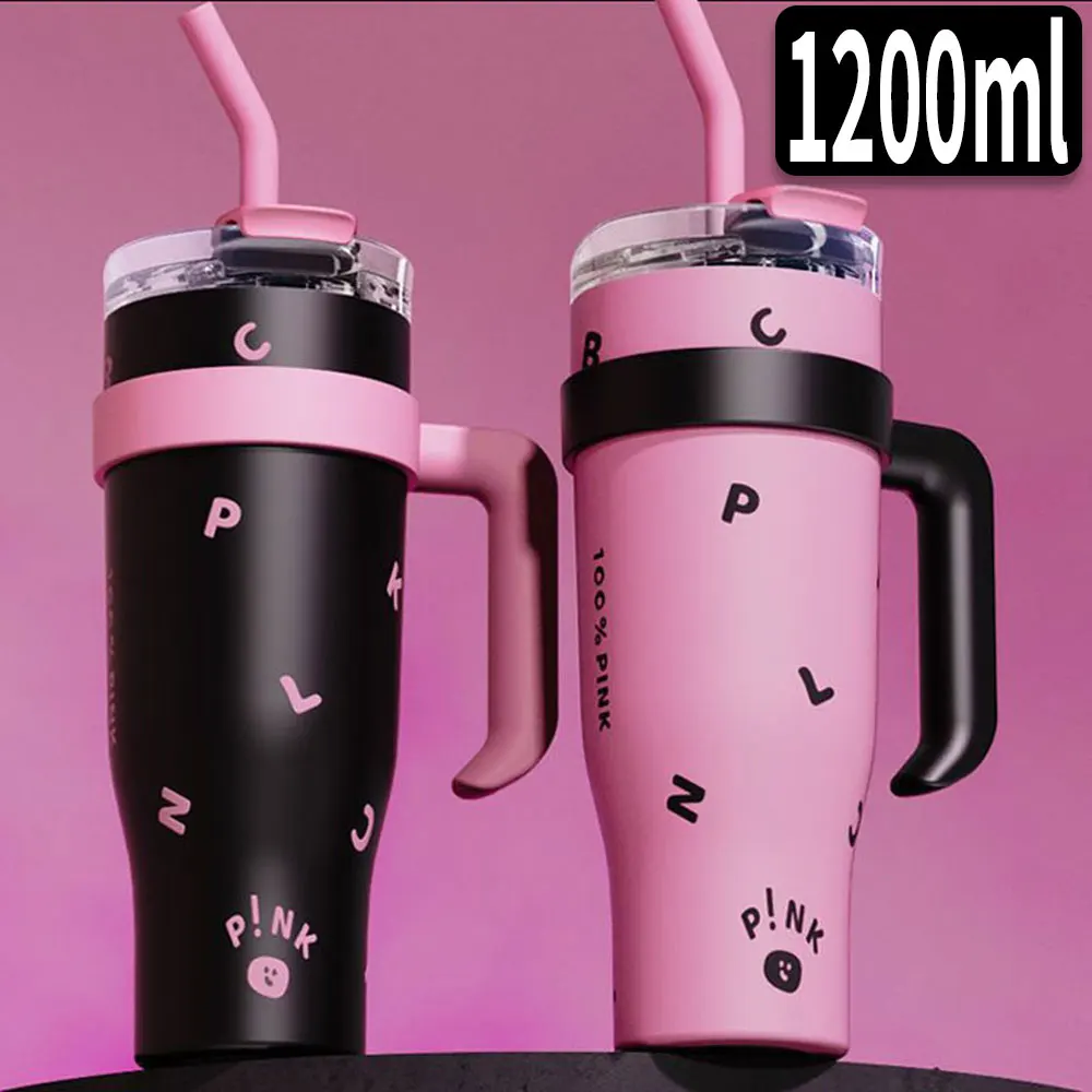 

Вакуумный стакан с крышкой, 1200 мл, бутылка для воды из нержавеющей стали с ручкой и соломенным термосом для кофе и чая