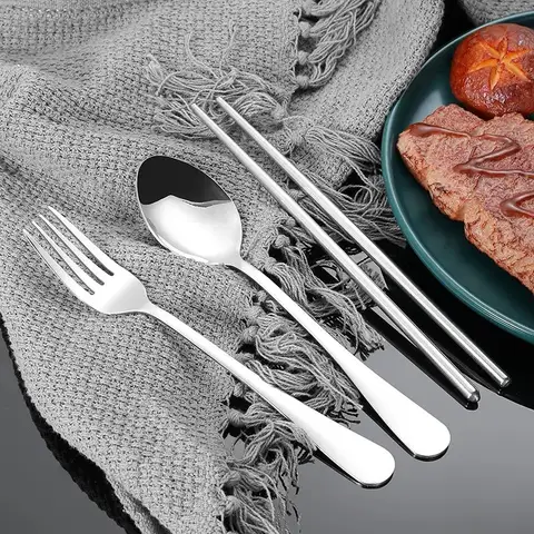 1 सेट घरेलू स्टेनलेस स्टील पोर्टेबल टेबलवेयर चॉपस्टिक चम्मच कांटे दो/तीन पीस सेट बॉक्स के साथ 8 best sales डिनरवेयर सेट - №1