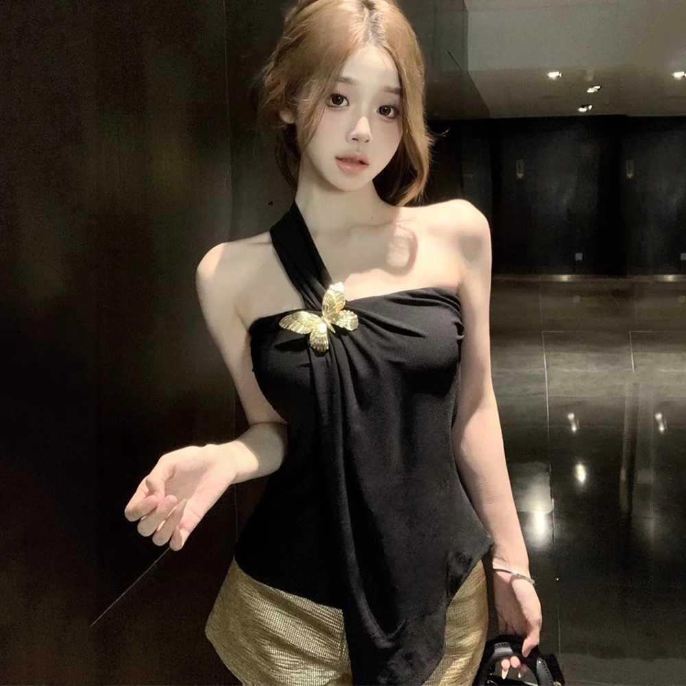 2024Summer New One Shoulder Vests Ladies Slim Crop Tank Tops Elegant Female Casual Butterfly Strapless Sexy Black Camisole Women