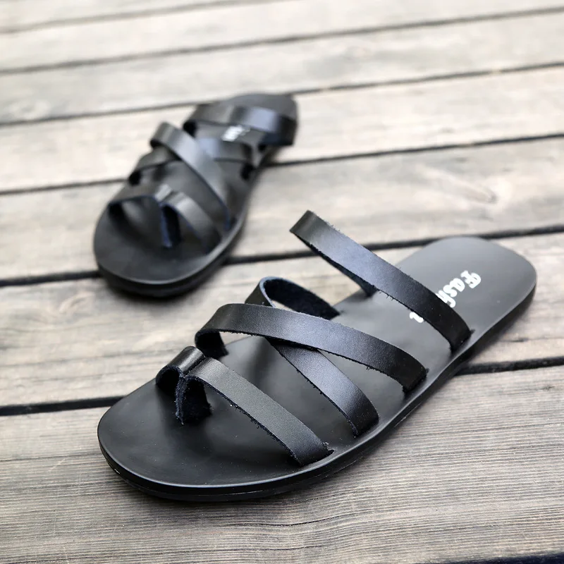 Flat With Beach Fashion Outside Men\'s Slippers Leisure Concise Genuine Leather Summer Flip Flops Sewing Solid Men Shoes