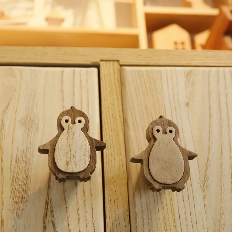 Cute Penguin Wooden Furniture Door Pulls Handles for Drawers and Wardrobe Cabinet Knobs Wood Wall Hooks Decoration Hardware