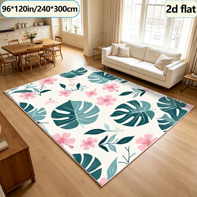 Pink Hibiscus Flower Monstera Leaf Tropical Carpet Flooring Square Area Rug Non-Slip Washable Floor Carpet for Entryway Bedroom Home Decor