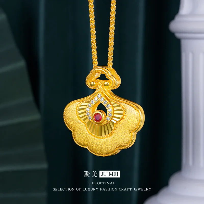 

Luxury 24K 9999 Pure Gold real gold Italian drawing craft diamond fan-shaped pendant women's clavicle necklace