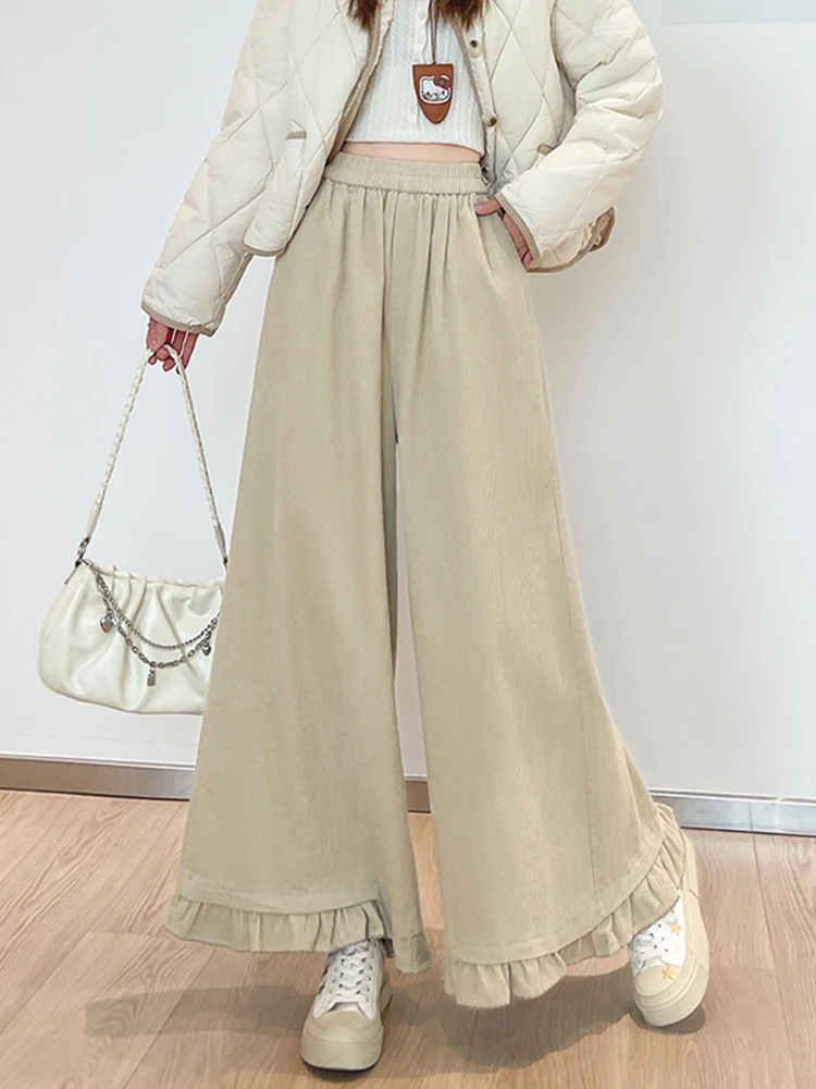 ハイウエスト木製ワイドレッグパンツ女性のカジュアルドレープルーズスリム秋冬新作非対称シウォーク