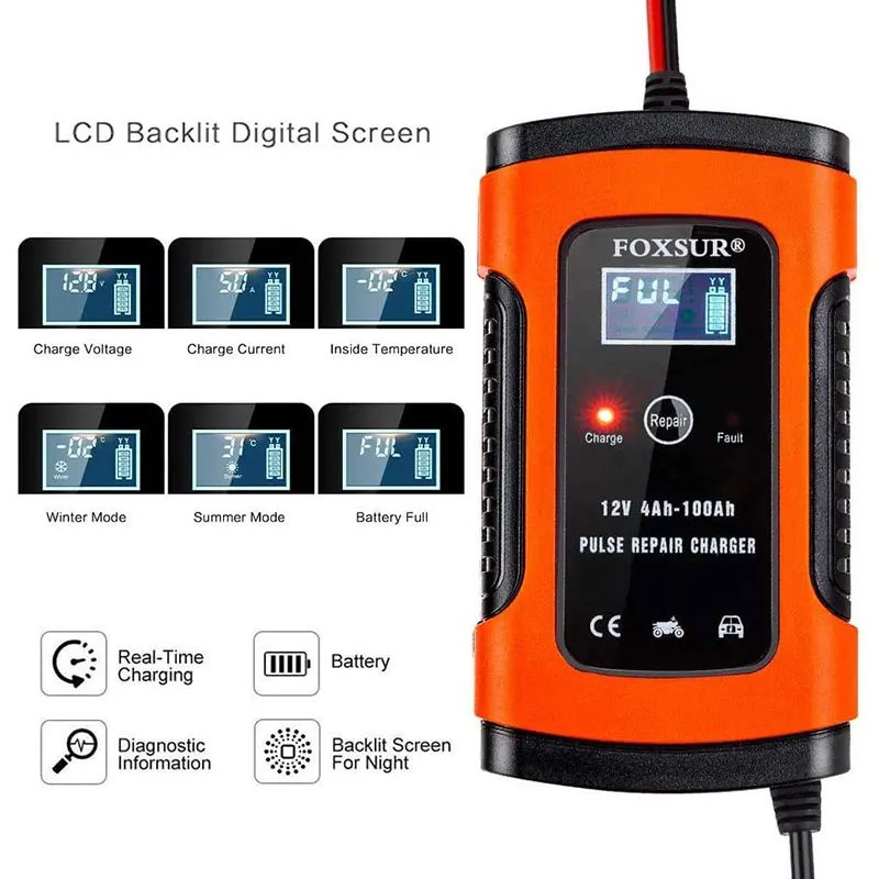 12V 5A Full Automatic Car Battery Charger 110V 220V Power Pulse Repair Wet Dry Lead Acid Battery Chargers Digital LCD Display