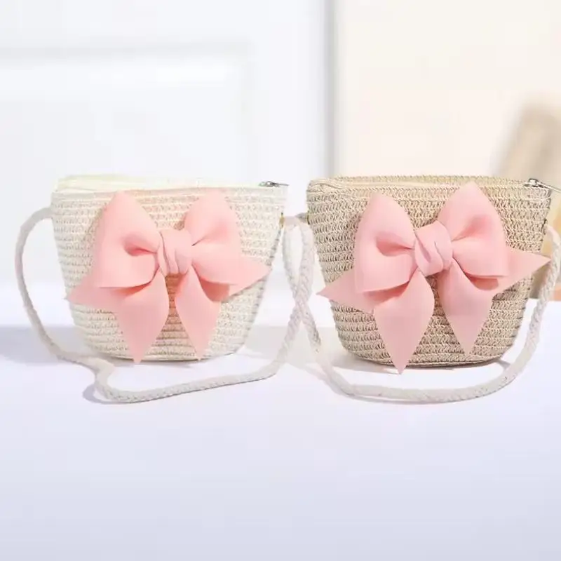 Cute Bow Straw Shoulder Bags Baby Girls Handmade Woven Crossbody Bag Princess Kids Messenger Bags Mini Coin Purse Beach Handbags